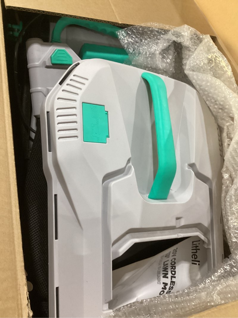 Condition photo showing As Is for Litheli Cordless Lawn Mower 13 Inch, 5 Heights, 20V Electric Lawn Mowers for Garden, Yard and Farm, with Brushless Motor, 4.0Ah Battery & Charger Included Green 13 inch