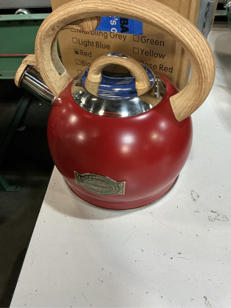 Condition photo showing New/Like New for tea kettle for stovetop, 2.1 quart loud whistle stovetop teapots,food grade stainless steel tea kettles for stove top with anti-hot ergonomic handle,suitable for all heat sources red
