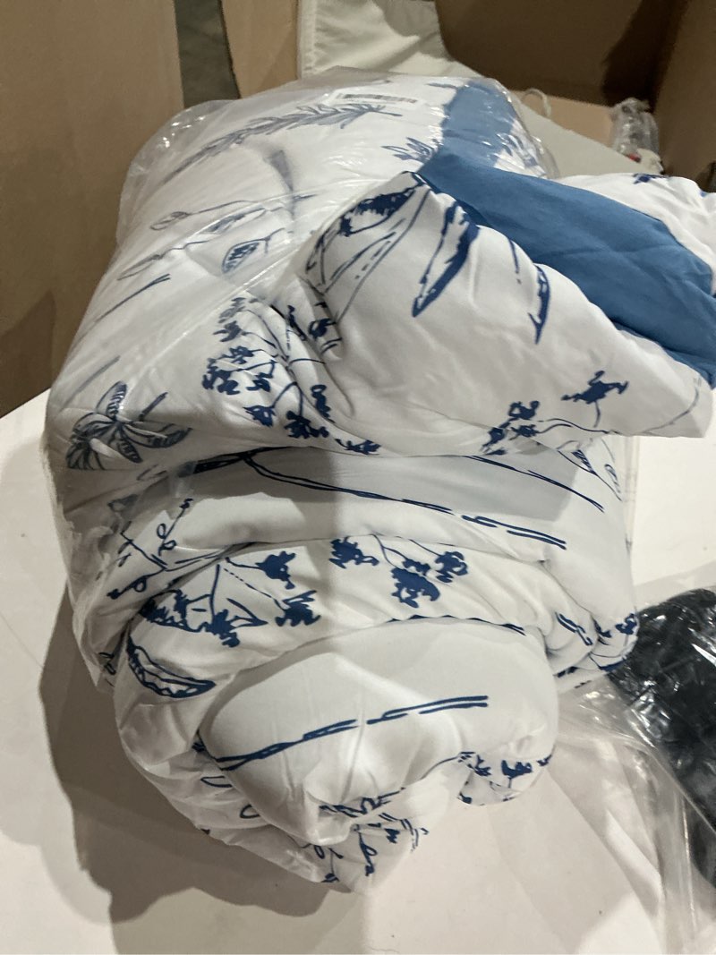 Condition photo showing As Is for similar)), soft and lightweight queen size comforter, quilted vintage botanical comforter, reversible white and blue floral
