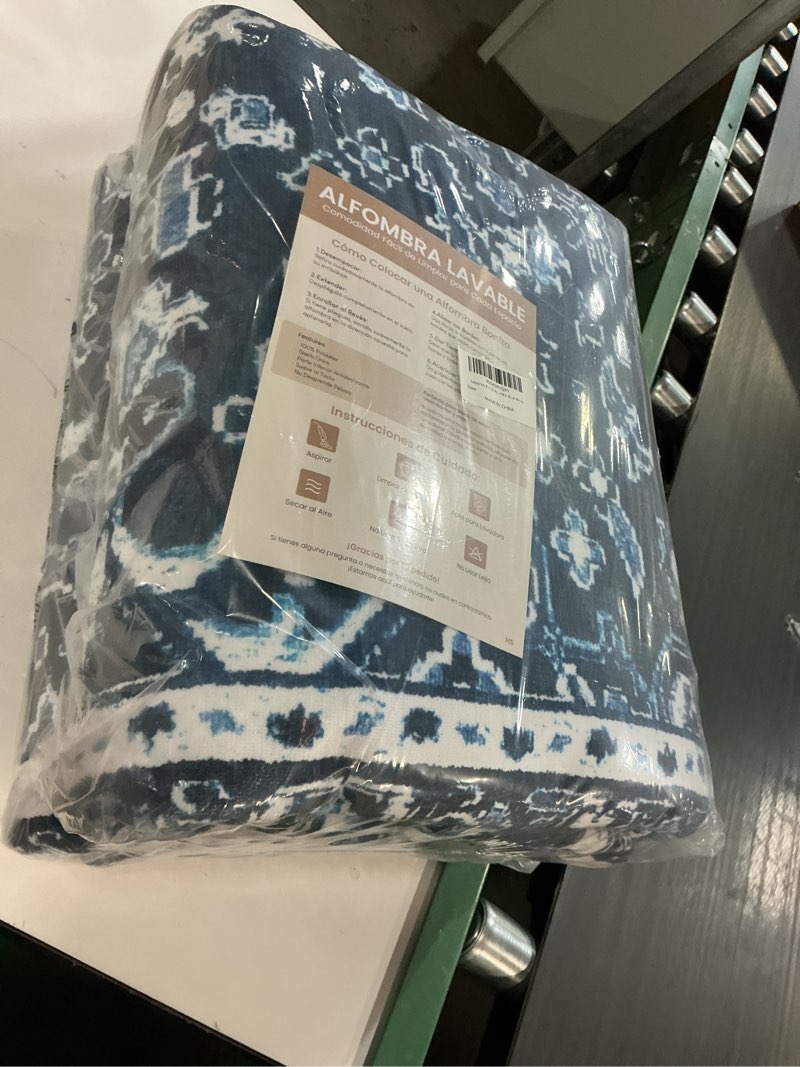 Condition photo showing New/Like New for Lessymo 8 x 10 Area Rugs for Living Room- Machine Washable Area Rugs Boho Faux Wool Low Pile Area Rug for Bedroom Floral Medallion Vintage Rugs with Non-Slip Rubber, Kid & Pet Friendly, Blue White Blue White 8' x 10' (Rectangular)