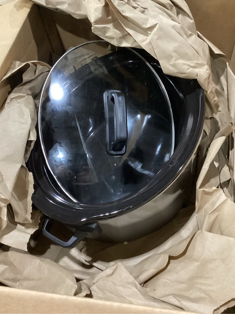 Condition photo showing As Is for *not tested *hamilton beach 6-quart slow cooker with 3 cooking settings, dishwasher-safe stoneware crock & glass lid, silver (33665g) silver 6 quarts