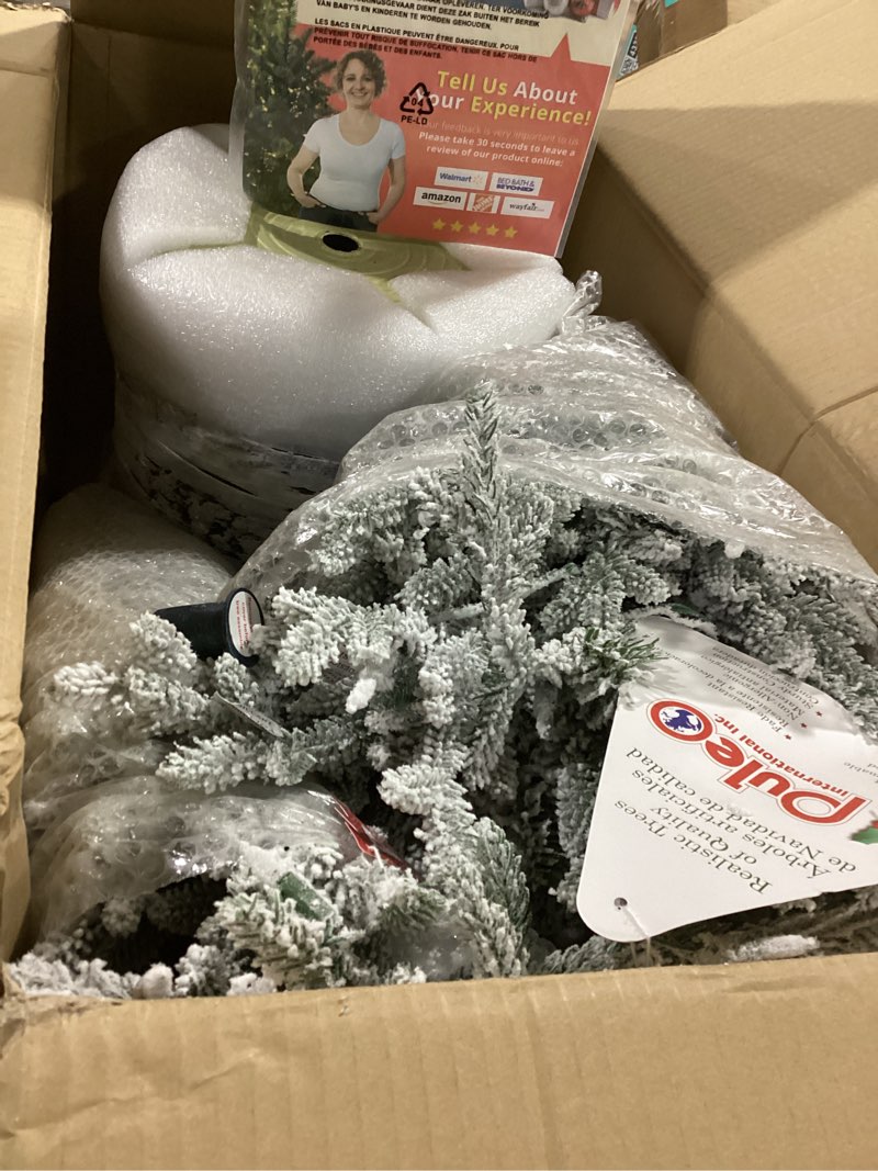 Condition photo showing Good Condition for Puleo International 6ft Pre-Lit Potted Flocked Arctic Fir Pencil Christmas Tree with 120 Warm White Lights, 1325 Realistic Dense Snow Flocked Branch Tips, Easy Setup Artificial Trees with Sturdy Stand 6' Flocked Arctic Fir 120 Clear Lights