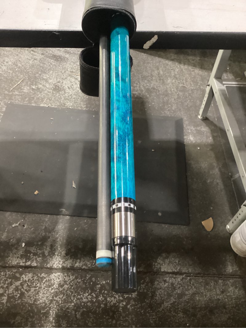 Condition photo showing Good Condition for carbon fiber pool cue stick 20-21 oz, professional 13mm rainbow tip, 3/8 * 8 joint, includes cue case, joint protectors, cue chalks and gloves cq-blue-20