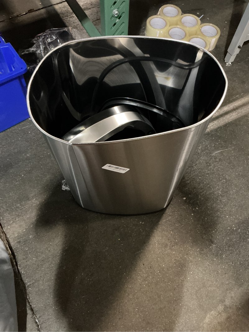 Condition photo showing As Is for bestoffice | 13 gallon trash can with lid | automatic touchless garbage can | odor control | modern oval design | easy to clean | stainless steel | fits any kitchen, bathroom, office or home stainless steel stainless steel