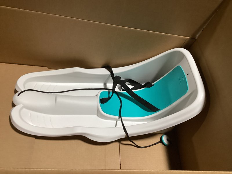 Condition photo showing Good Condition for Gizmo Riders Baby Rider, Toddler Sled - 3-Point Harness, Anti-Slip Seat, Retractable Tow Strap, Durable Plastic, Ideal for 6 Months to 3 Years, Supports Up to 55 lbs, Winter Fun for Little Ones Ice Blue