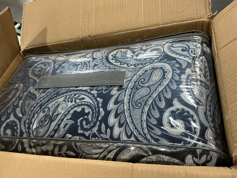 Condition photo showing Good Condition for Madison Park Aubrey Cozy Comforter Set, Faux Silk Jacquard Paisley Design - All Season Down Alternative Bedding with Cotton Bed Sheets, Bed Skirt & Toss Pillows, King Navy 12 Piece Navy Biab 12pcs King Comforter Set