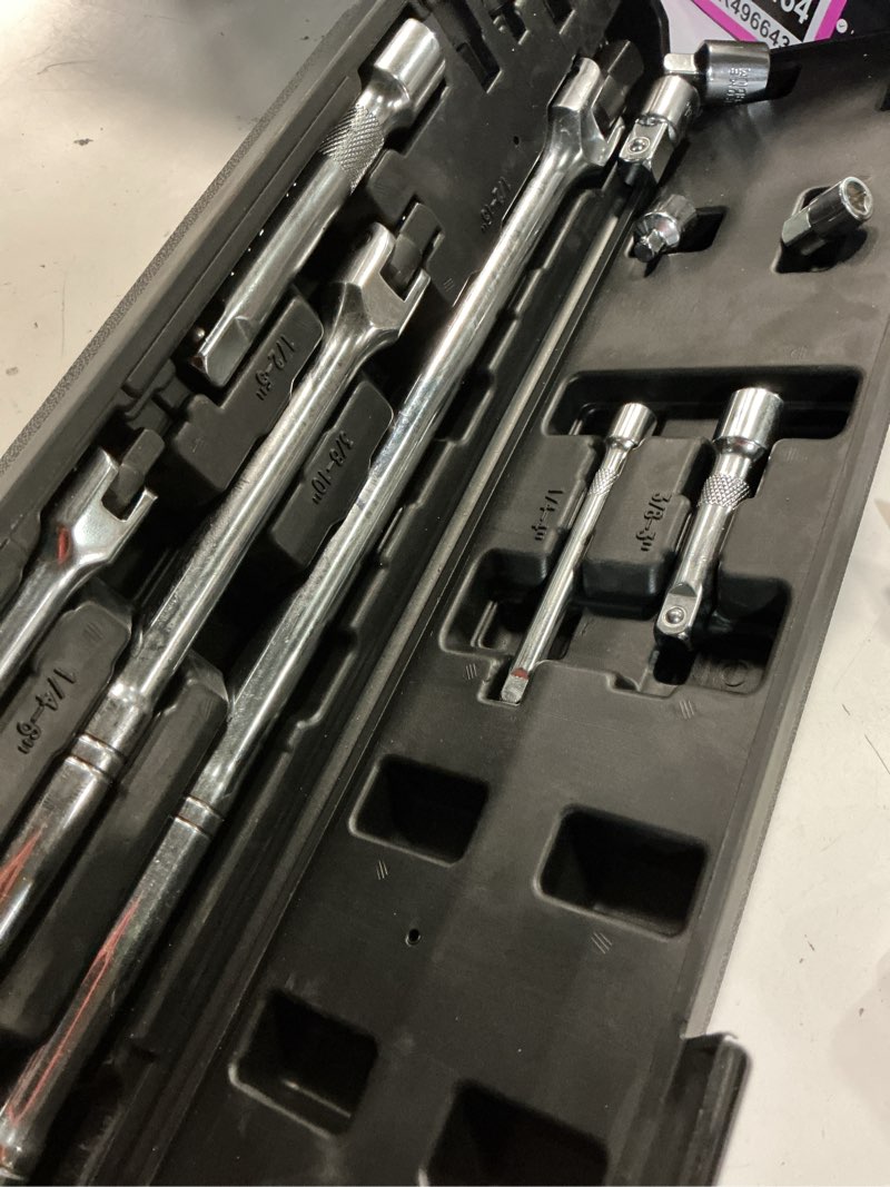 Condition photo showing Good Condition for 10 piece breaker bar set, 3/8" , 1/2" and 1/4" drive, 180° rotatable head, 6'', 10'', 15'' length, 3 extension bars, organizer case