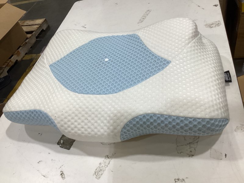 Condition photo showing As Is for cervical neck pillow - contour memory foam pillows for pain relief, ergonomic pillow for sleeping, side sleeper pillow for neck support, orthopedic bed pillow for back stomach sleepers(white & blue)