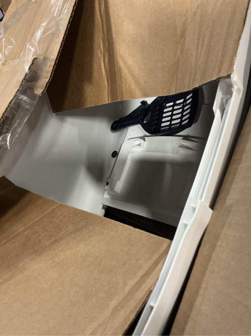 Condition photo showing As Is for iris usa cat litter box large with front door flap, covered enclosed litter box enclosure with scoop, handle & buckles for portability & privacy, hidden litter pan, navy jumbo enclosed navy