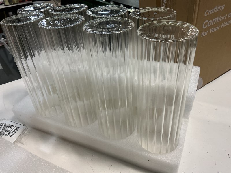 Condition photo showing New/Like New for Hewory Glass Cylinder Ribbed Vases Set of 8 Tall Clear Vase for Centerpieces, Hurricane Candle Holders for Pillar or Floating Candles, Round Vases for Wedding Anniversary Events Home Table Decor 6 Clear