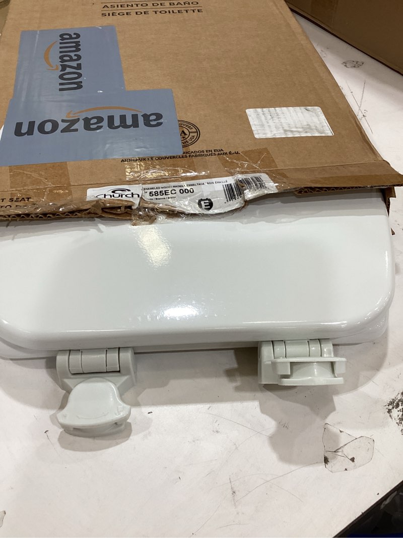 Condition photo showing Good Condition for church toilet seat, easy clean hinges release for deep cleans, durable enameled wood seat, elongated, white elongated white