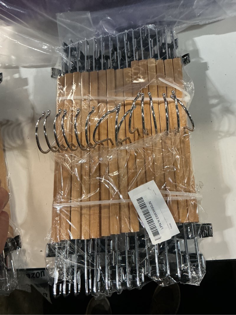 Condition photo showing Good Condition for tosnail 15 pack 14" natural wooden hangers skirt pants clothes hangers with clips and 360° swivel hook, heavy duty jeans hangers - natural