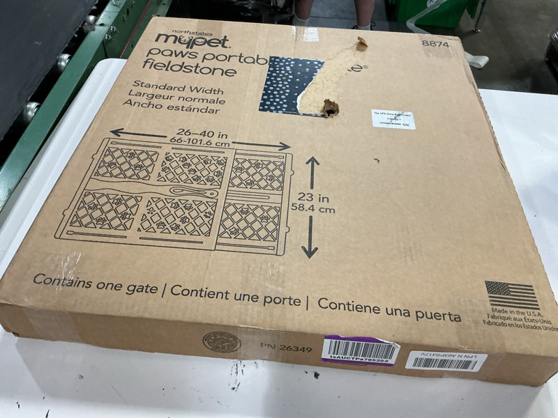 Condition photo showing New/Like New for mypet north states paws portable pet gate: 26-40" wide. pressure mount. no tools needed. made in usa, 23" tall, expandable, durable dog gates for doorways, fieldstone gray