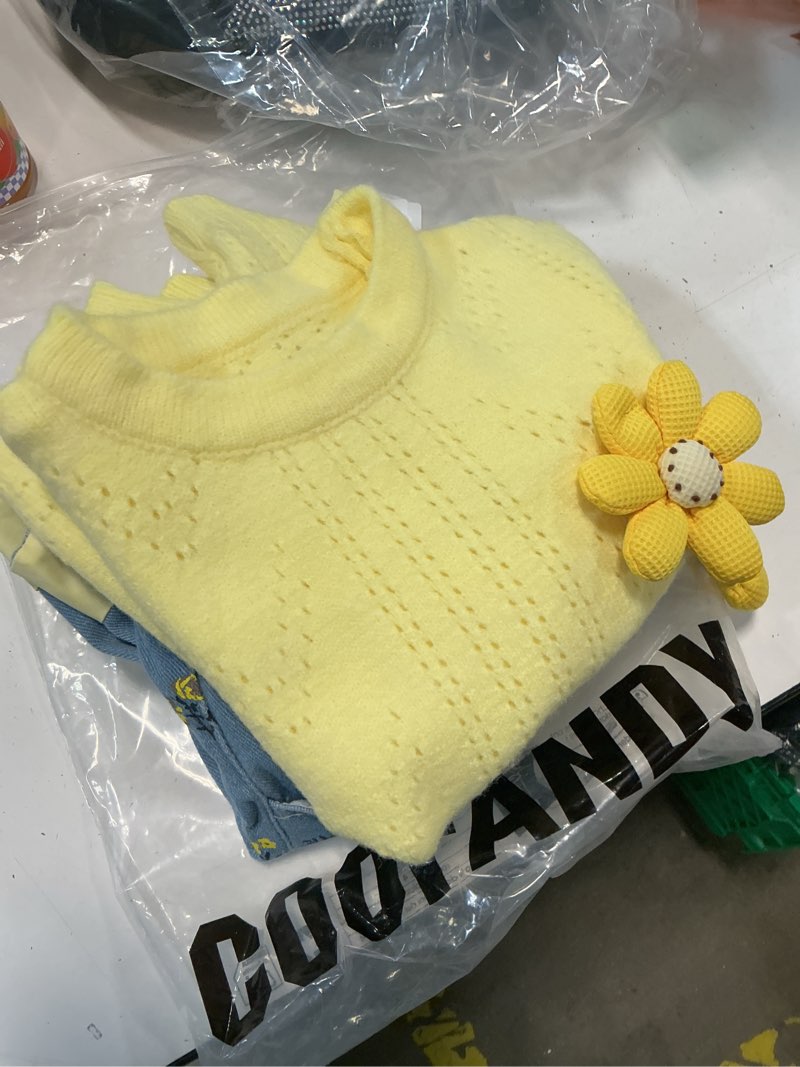Condition photo showing New/Like New for 2-10t toddler girl 3 piece set long sleeve shirt with lace bow knitted vest & denim jeans girls clothing sets fall yellow-flowers 3-4t