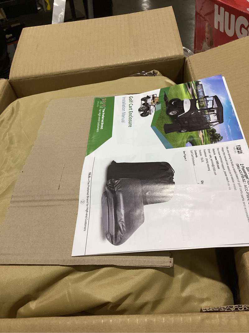 Condition photo showing As Is for 10l0l golf cart enclosure fit for 2 passengers ezgo txt rxv,600d waterproof snowproof golf buggy keep warm cover, 2 door zippers 4-side clear window and 4 windproof hooks golf cart rain cover, black khaki