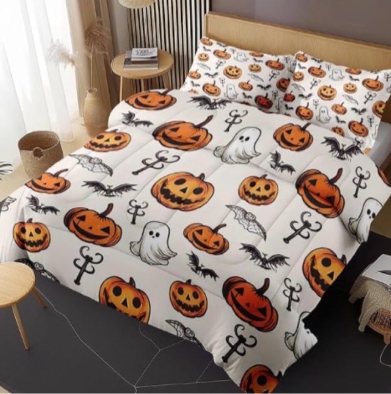Nesphy Halloween Pumpkin Ghost King Comforter Set, Bat Skull Bedding Set 3 Piece, All Season Soft To