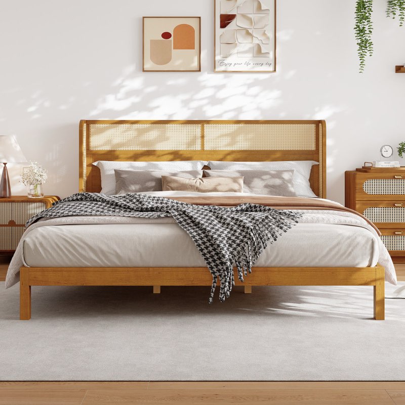 ((Incomplete box 2 of 2))Premium Rubber Wood Platform Bed Frame, King Bed Frame With Headboard Included, Mid Century Modern Bed With Natural Color