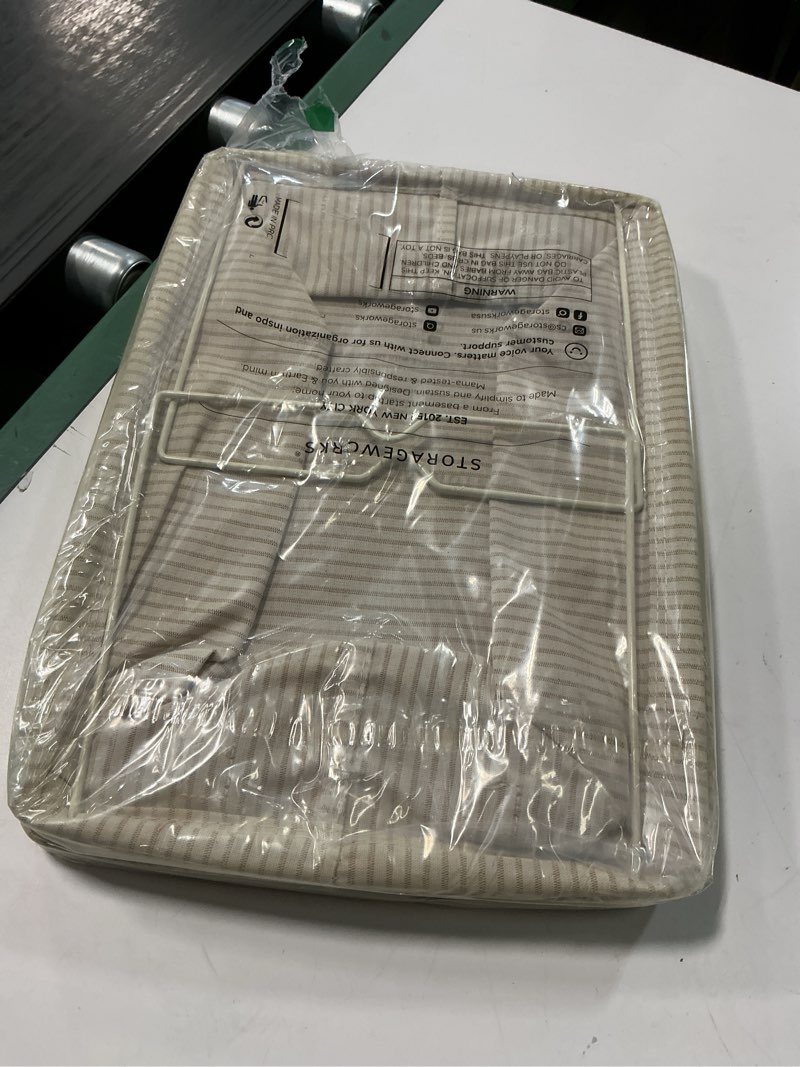 Condition photo showing Good Condition for StorageWorks Narrow Storage Bins, Small Basket for Closet and Shelves, Rectangular Fabric Organizer with Handles, Toilet Paper Storage, Khaki and Beige Stripes, 2-Pack Khaki and Beige Stripes 10¾"L x 6 ½"W x 9¼"H
