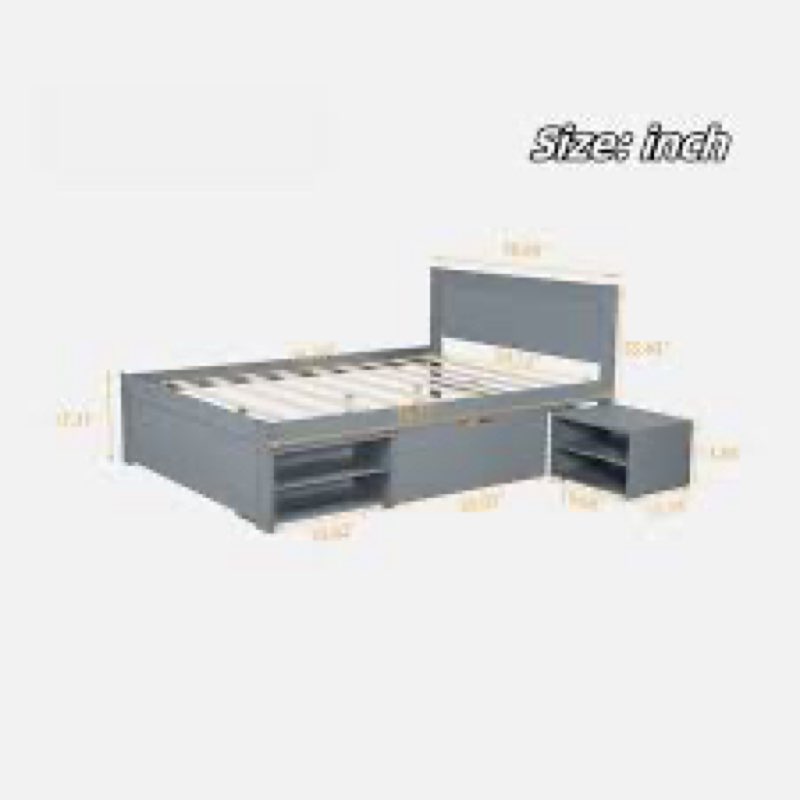 wooden platform bed with a drawer, open shelves and pull-out storage cabinet white 