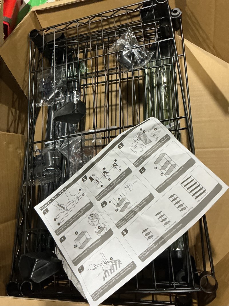 Condition photo showing As Is for izeuk 4-tier black metal storage shelves, heavy duty adjustable wire shelving rack for garage, kitchen, bathroom, closet organizer, 1000 lbs capacity, 15.7" d x 33.5" w x 59.5" h 4 tier, 15.7" d x 33.5" w x 59.5" h black