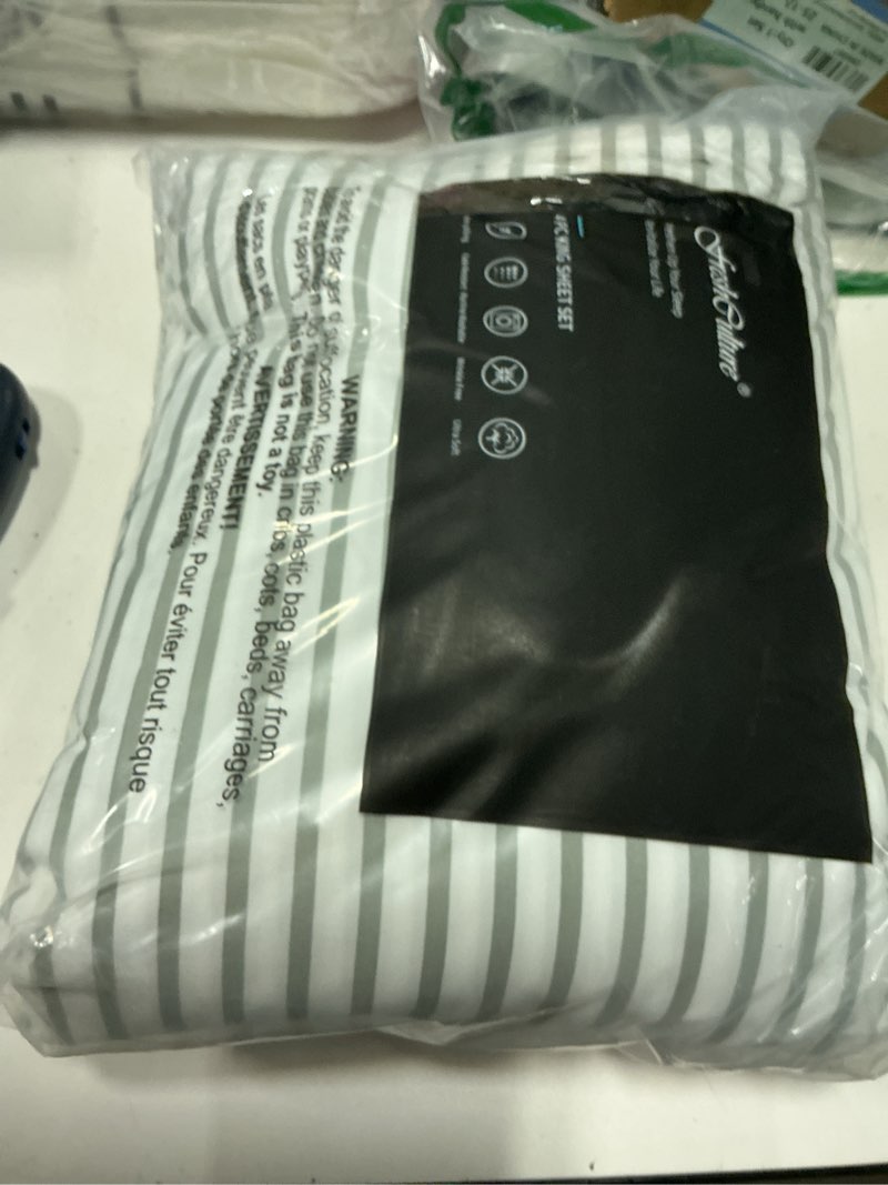 Condition photo showing New/Like New for freshculture king size sheets set - ultra soft striped microfiber sheets - deep pockets up to 16" - easy care - hotel luxury 4 piece set, stripe grey 24 - stripe grey king