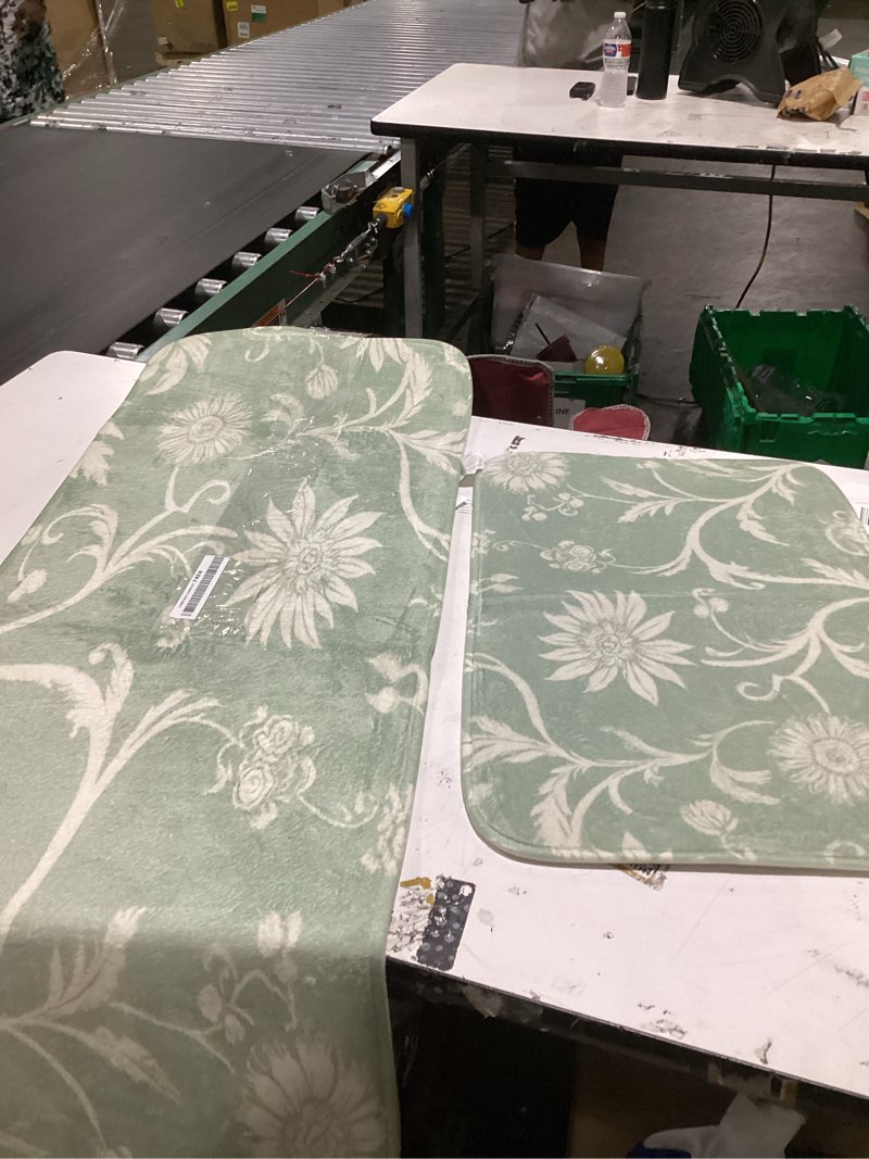 Condition photo showing Good Condition for sage green floral kitchen mats set of 2, absorbent monochrome botanical print kitchen rugs, non-slip vintage flowers carpet rug for spring summer dining home floor decor 17x29 and 17x47 inch