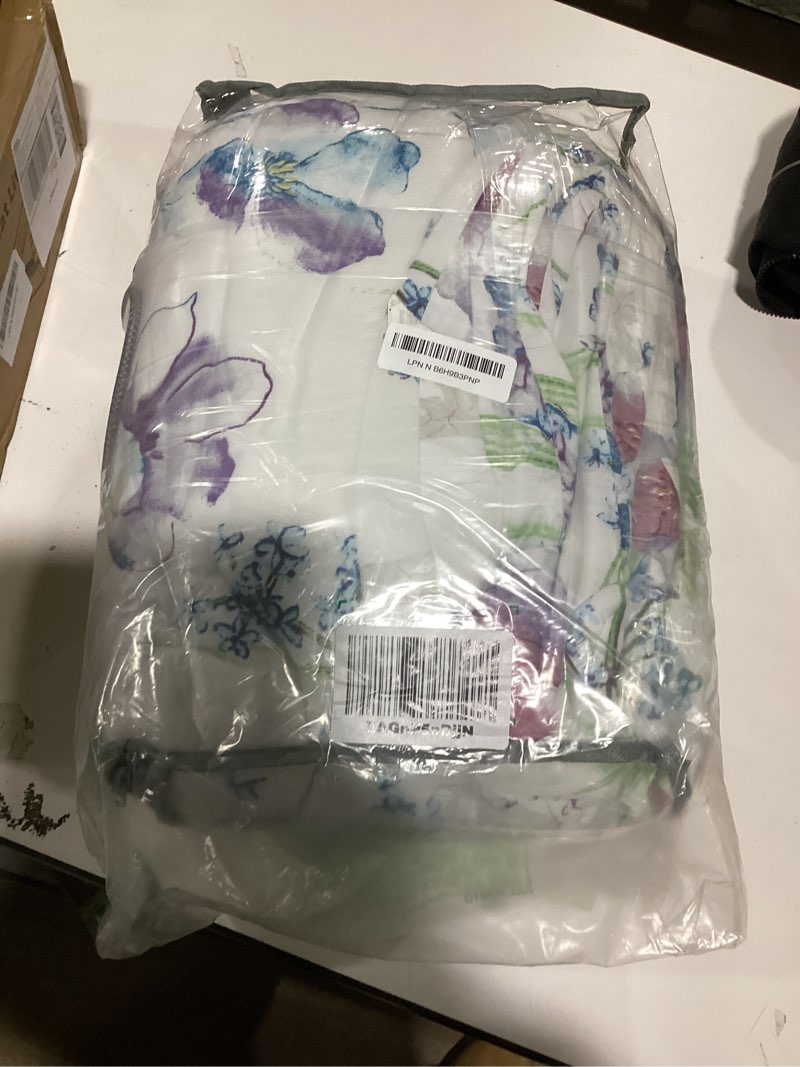 Condition photo showing New/Like New for Nanko King Size Comforter Set, White Purple Blue Floral & Green Leaf Print Down Alternative Microfiber Modern Farmhouse Bedding, All Season Duvet Bed Sets in a Bag for Women Men, 3Pcs 104x90 Flower King White Purple Blue Floral Comforter Set