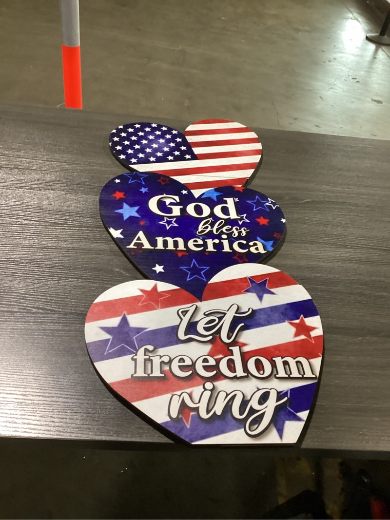 Condition photo showing Good Condition for unittype 4th of july patriotic porch wooden sign 36" h patriotic outdoor decor 250th anniversary heart shape usa flag standing porch yard sign for independence day memorial day home garden entryway