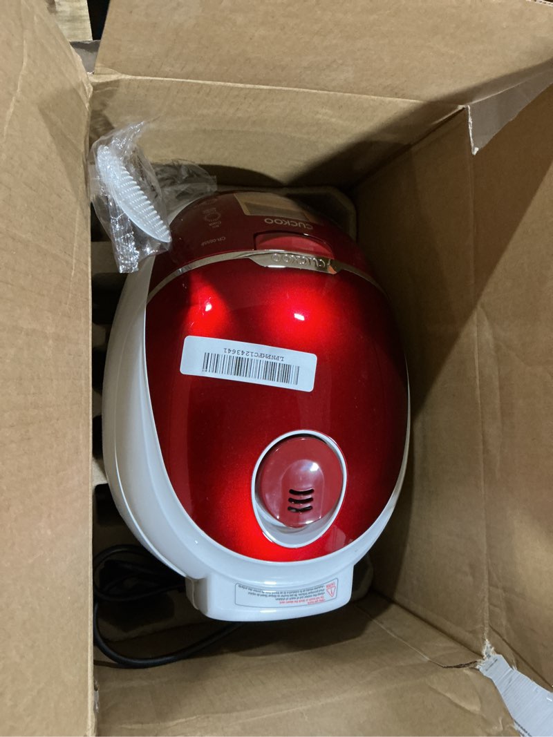 Condition photo showing As Is for cuckoo micom rice cooker 6 cup uncooked / 12 cup cooked, fuzzy logic rice maker with delay timer & keep warm setting, versatile food steamer for cooking, non-stick inner pot, red (cr-0655f)