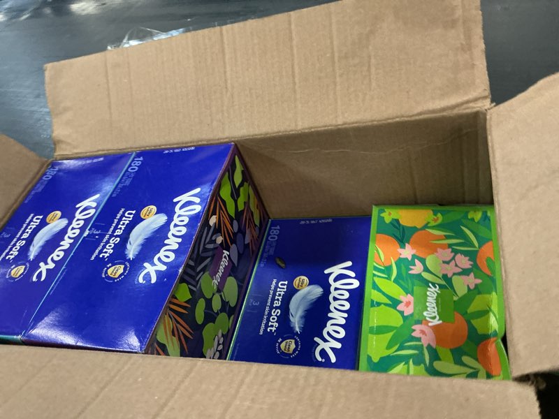 Condition photo showing As Is for kleenex ultra soft facial tissues, 6 flat boxes, 180 tissues per box, 3-ply, packaging may vary white 180 tissues (pack of 6)