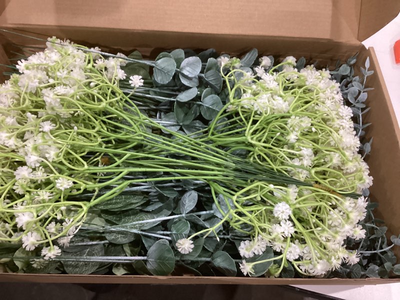 Condition photo showing As Is for 105 Pcs 4 Kinds Mixed Artificial Greenery, Faux Eucalyptus Stems, Artificial Baby Breath Flowers, Fake Ferns for DIY Wedding Bouquets, Centerpieces, Home Decor