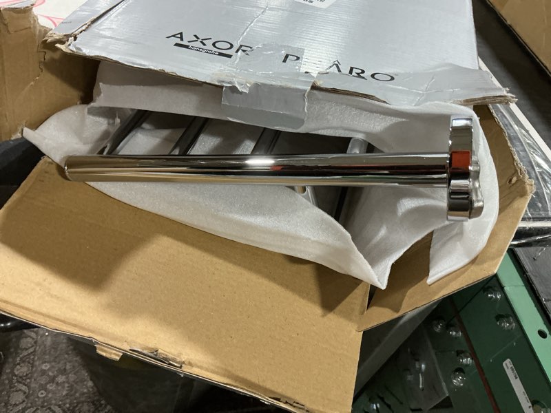 Condition photo showing As Is for hansgrohe Towel_Rack with Towel_Bar 25-inch Modern Towel_Holder in Chrome, 41720000 towel holder with shelf