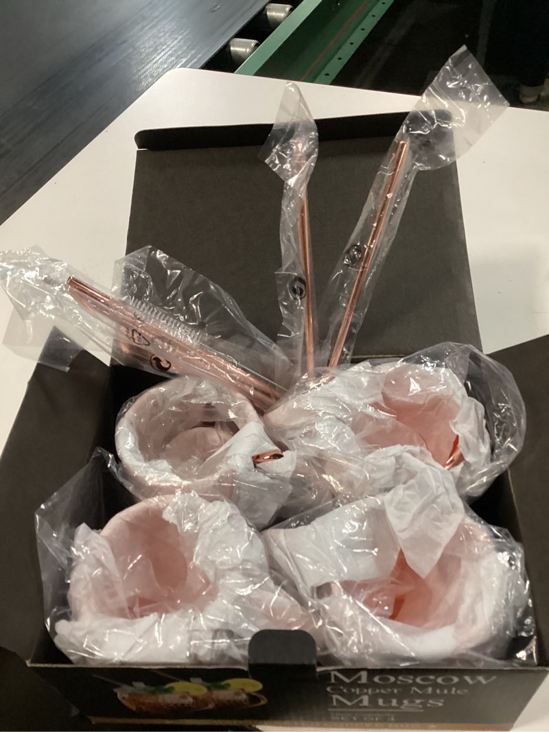 Condition photo showing Good Condition for moscow mule copper mugs - set of 4-100% handcrafted solid copper mugs, gift set with 4 copper straws, 1 stirring spoon, 1 copper shot glass, 1 straw cleaning brush.