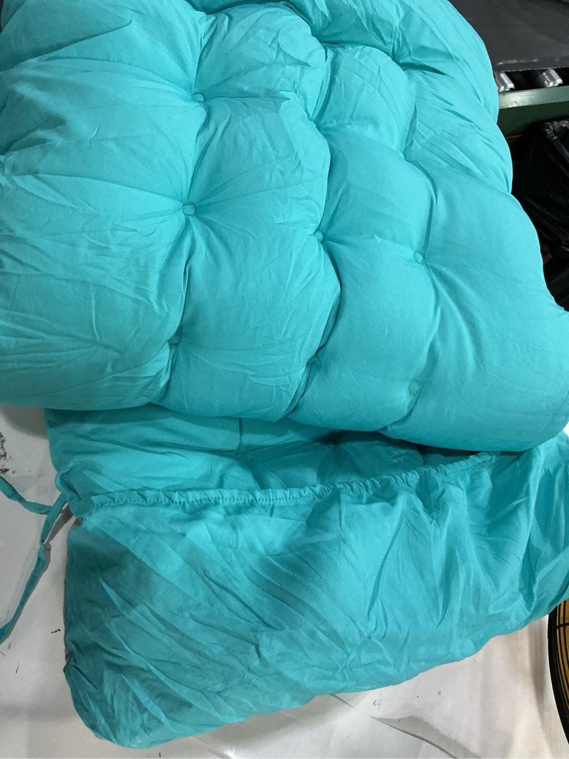Condition photo showing As Is for tudomro 2 pcs peacock blue 66'' outdoor chaise lounge cushion waterproof patio lawn pool chaise lounge cushion with headrest pillow & ties weather fade resistant replacement longue chair pad 2 peacock blue