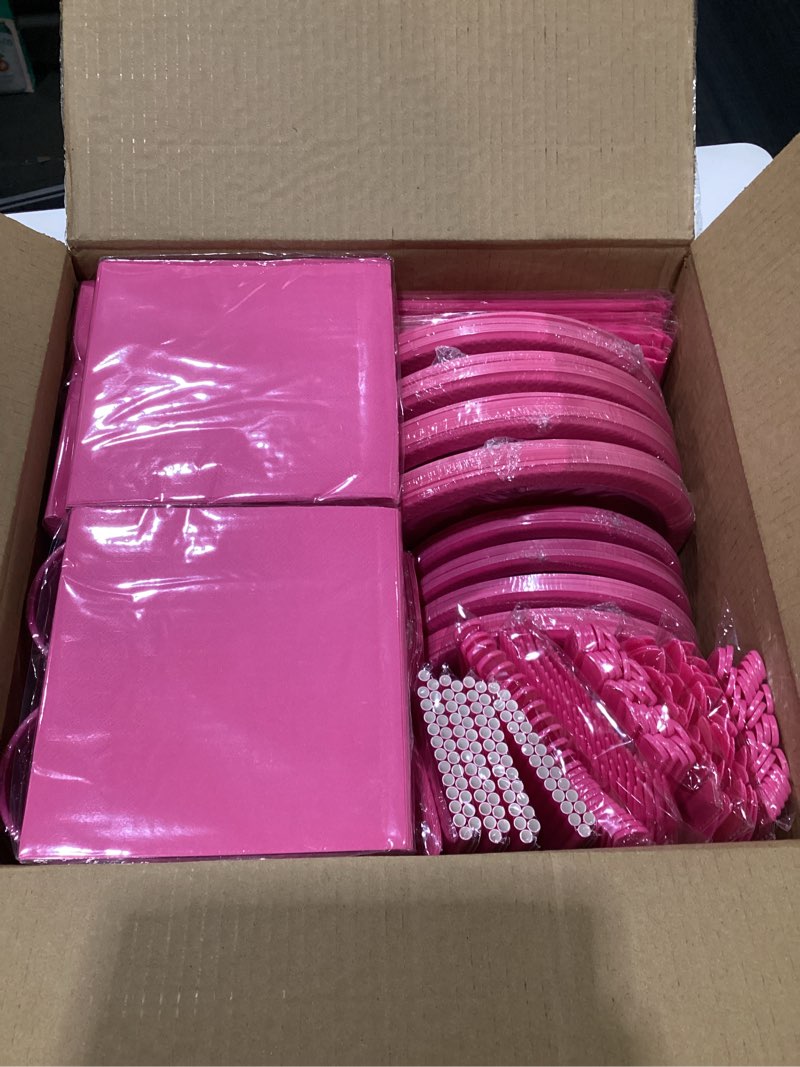 Condition photo showing Good Condition for 404 Pieces Disposable Plastic Dinnerware Set, Plastic Cutlery Set Includes 50 Of Each Dinner Plates|Dessert Plates|Cups|Napkins|Straws|Spoons, Forks & Knives (Hot Pink, 404PCS?50 Guests?) Hot Pink 404PCS?50 Guests?