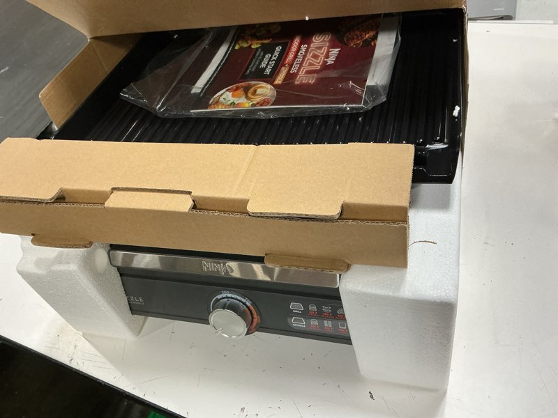 Condition photo showing Good Condition for ninja griddle and indoor grill, 14’’, electric grill, for steak, burgers, salmon, veggies, and more, pancake griddle, nonstick, dishwasher safe, 500f, even cooking, silver, gr101