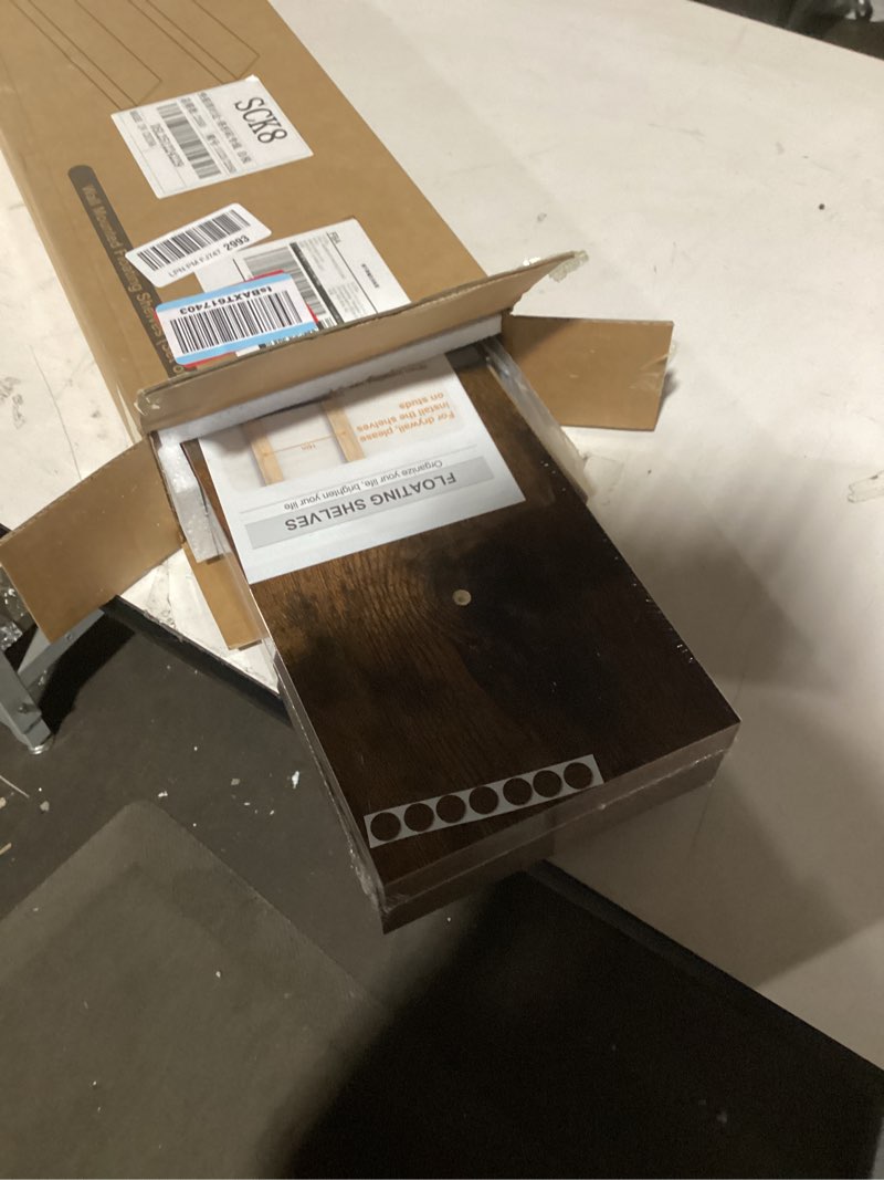 Condition photo showing As Is for BAYKA Floating Shelves, 22.5 inches Rustic Wood Wall Shelves for Bathroom?Bedroom, Living Room, Kitchen & Book, Hanging Display Decor Organization Shelf with 22 lbs Capacity (Rustic Brown) B. Rustic Brown - Americana Farmhouse Style 22.5inches