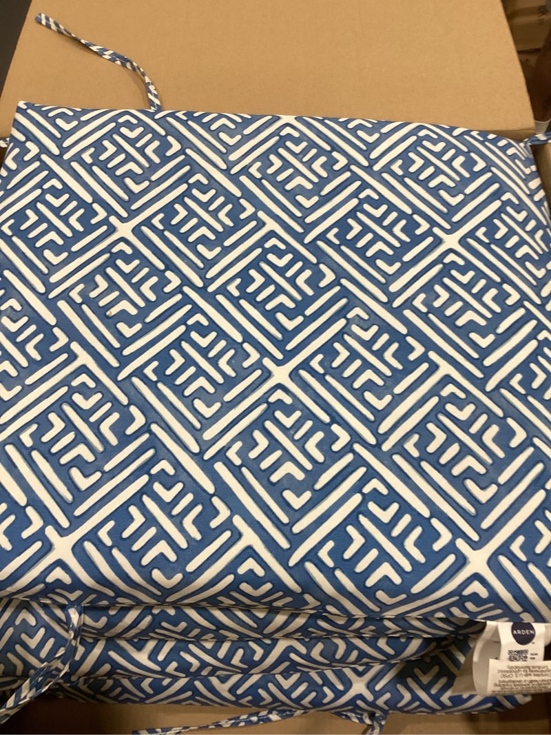 Condition photo showing Good Condition for arden outdoor dining chair cushion, 20 in x 20 in, patio cushion for patio, dining, or rocking chairs, sapphire liberty mosaic 1 pack amalfi blue tile