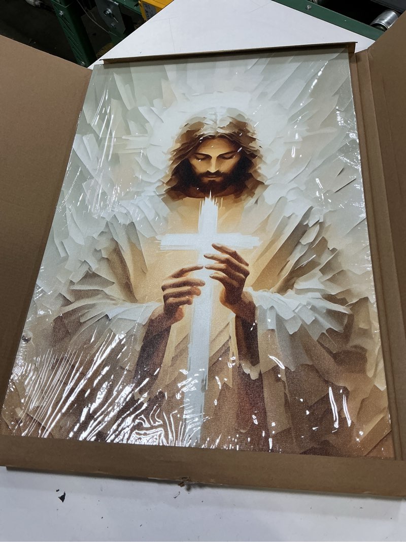 Condition photo showing Good Condition for 2d no texture jesus canvas wall art with holding cross, cross paint stripe painting poster, christian wall decor, jesus picture for wall living room church bedroom home decoration 16*24 in ( stretched canvas on a wooden frame) stretched canvas on a wooden frame 16*24 in( stretched canvas on a wooden frame)