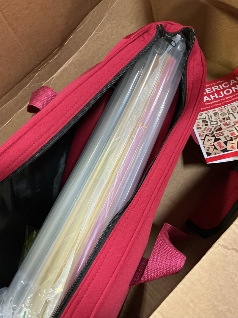 Condition photo showing Good Condition for american mahjong tile set – 166 white tiles, 4 all-in-one color racks with pushers, 3 dice, portable red carrying bag – complete mahjong game set