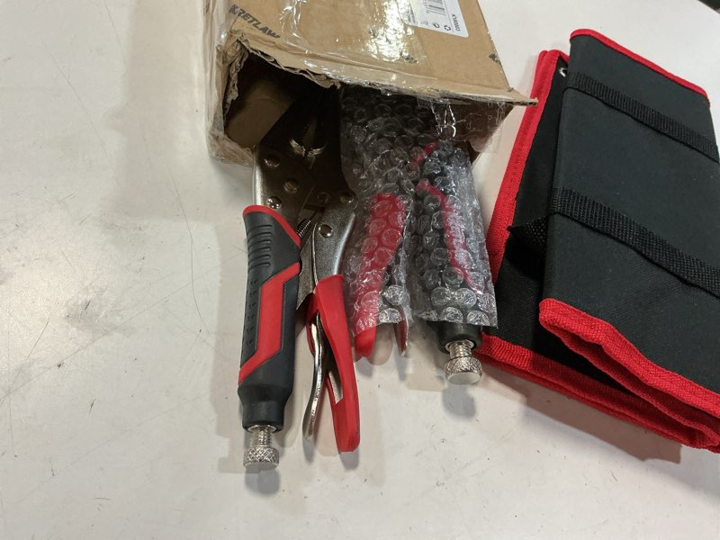 Condition photo showing Good Condition for vice grips pliers set, 6-piece locking pliers set, 6-1/2”&9-1/2” long nose locking pliers, 5”, 7” and 10” curved jaw vise grip pliers, 6” c-clamp with rolling pouch