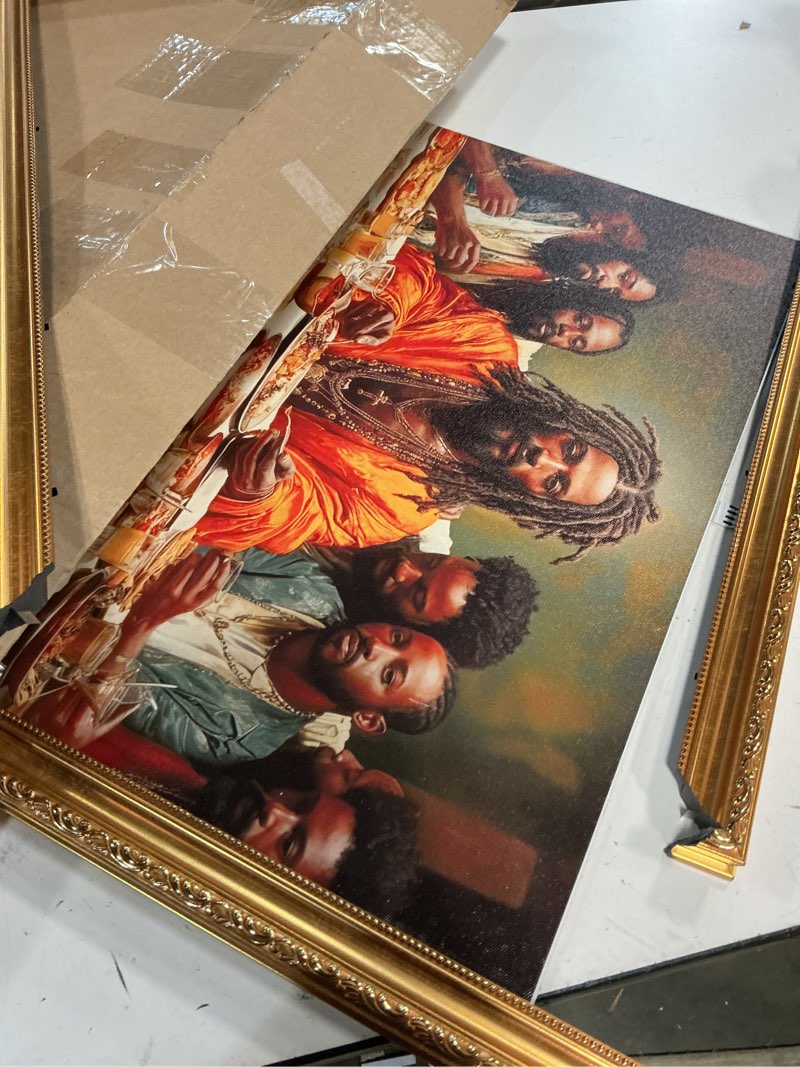 Condition photo showing As Is for vintage gold framed black jesus canvas wall art modern african american the last supper painting picture wall decor black man christian poster print artwork for kitchen dining living room decoration gold framed 24l"x16w"