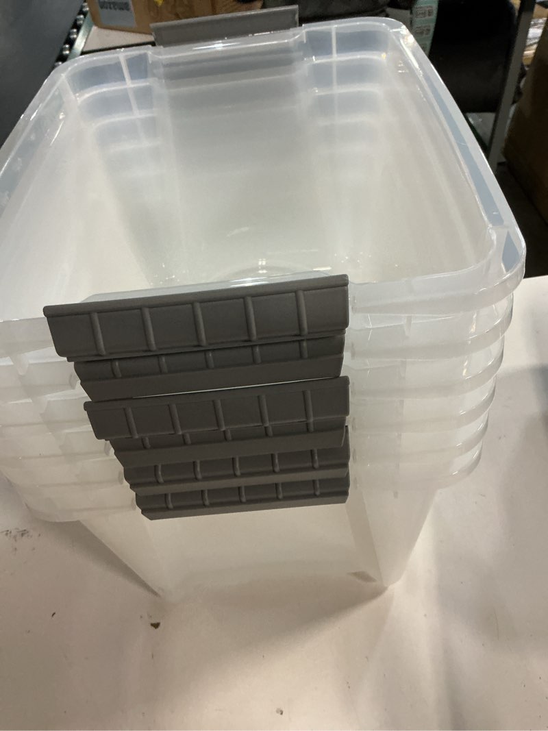 Condition photo showing Good Condition for Amazon Basics Plastic Storage Containers with Secure Latching Lids, Stackable Organization Bins, Clear/Grey, 19 Quart, Set of 6 19 Qt. - 6 Pack