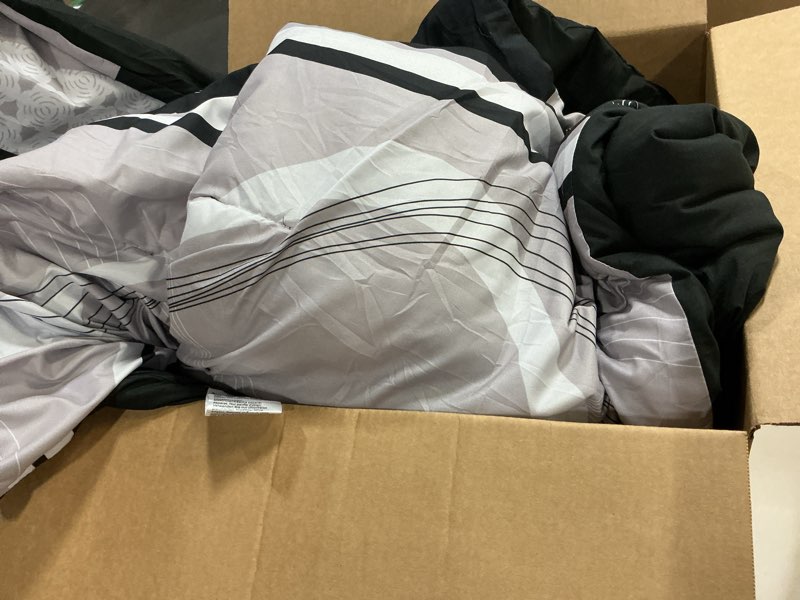 Condition photo showing As Is for (Incomplete )Anibedding Black Comforter Set Queen Size,8 Pieces Boho Bed in a Bag Patchwork Striped Comforter Set, Soft Microfiber Bedding Set for All Season(90\"×90\") Queen Black