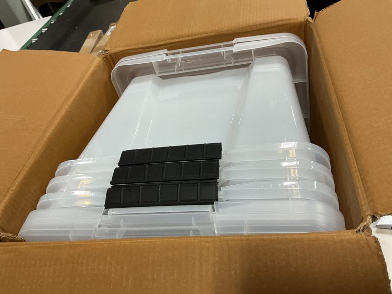 Condition photo showing Good Condition for IRIS USA 40 Qt Stackable Plastic Storage Bins with Lids, 4 Pack - BPA-Free, Made in USA - See-Through Organizing Solution, Latches, Durable Nestable Containers, Secure Pull Handle - Clear Clear 40 Qt 4 Pack