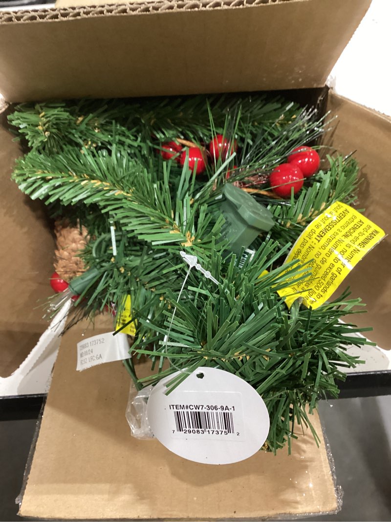 Condition photo showing Good Condition for national tree company 9 ft pre-lit crestwood spruce artificial christmas garland, christmas decoration with glitter, pinecones, red berries, 50 clear lights, 180 tips, green plug in tree