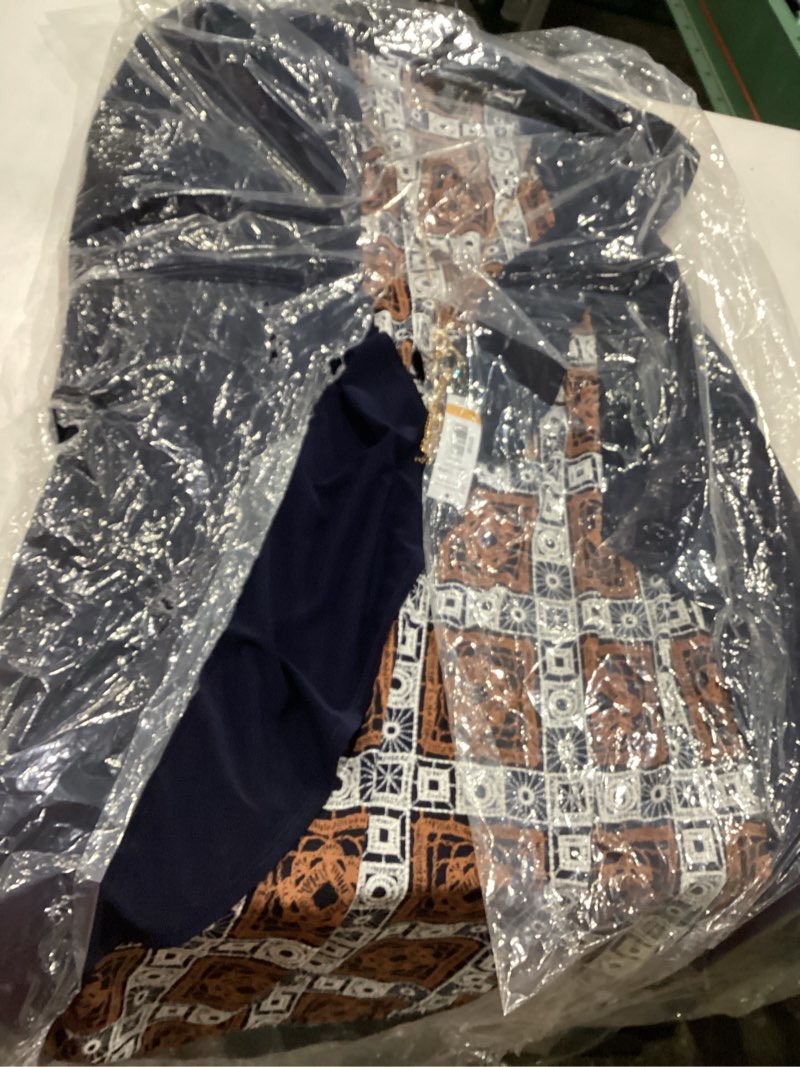 Condition photo showing Good Condition for R&M Richards Printed Tank Dress W/Solid 3/4 Sleeve Flyaway Jacket 16 Plus Navy/Clay