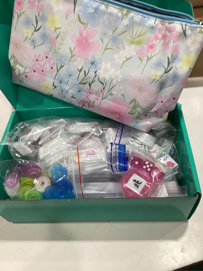 Condition photo showing Good Condition for american travel mahjong set with blue carrying bag, 160 printed plastic 0.98" × 1.38" mahjong tiles, 4 white small-sized mahjong racks, majiang tile set friendly to beginners