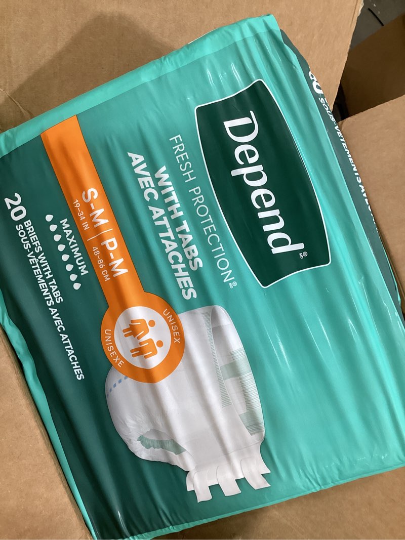 Condition photo showing Good Condition for depend adult diapers with tabs, incontinence protection with tabs, unisex, small/medium (19–34" waist, up to 170 lbs), maximum absorbency, 60 count (3 packs of 20) small/medium 60