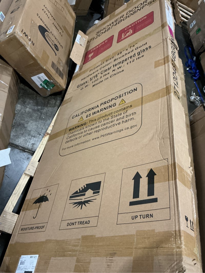 Condition photo showing New/Like New for Frameless Double Sliding Shower Door,44-48" W x 74" H Glass Shower Doors with Soft Close System,5/16" (8mm) SGCC Tempered Clear Glass,Explosion-Proof Film Nano Coating,Brush Gold